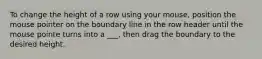 To change the height of a row using your mouse, position the mouse pointer on the boundary line in the row header until the mouse pointe turns into a ___, then drag the boundary to the desired height.