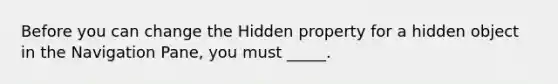 Before you can change the Hidden property for a hidden object in the Navigation Pane, you must _____.