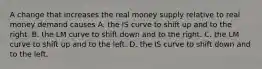 A change that increases the real money supply relative to real money demand causes A. the IS curve to shift up and to the right. B. the LM curve to shift down and to the right. C. the LM curve to shift up and to the left. D. the IS curve to shift down and to the left.