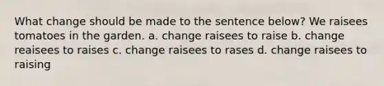 What change should be made to the sentence below? We raisees tomatoes in the garden. a. change raisees to raise b. change reaisees to raises c. change raisees to rases d. change raisees to raising