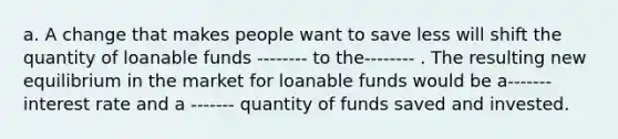 a. A change that makes people want to save less will shift the quantity of loanable funds -------- to the-------- . The resulting new equilibrium in the market for loanable funds would be a------- interest rate and a ------- quantity of funds saved and invested.