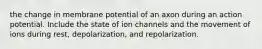 the change in membrane potential of an axon during an action potential. Include the state of ion channels and the movement of ions during rest, depolarization, and repolarization.