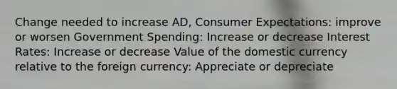 Change needed to increase AD, Consumer Expectations: improve or worsen Government Spending: Increase or decrease Interest Rates: Increase or decrease Value of the domestic currency relative to the foreign currency: Appreciate or depreciate