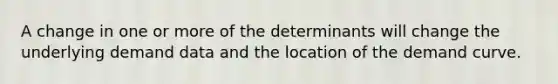 A change in one or more of the determinants will change the underlying demand data and the location of the demand curve.