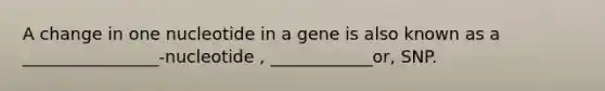 A change in one nucleotide in a gene is also known as a ________________-nucleotide , ____________or, SNP.