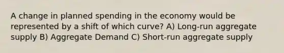 A change in planned spending in the economy would be represented by a shift of which curve? A) Long-run aggregate supply B) Aggregate Demand C) Short-run aggregate supply