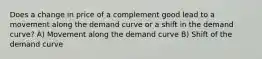 Does a change in price of a complement good lead to a movement along the demand curve or a shift in the demand curve? A) Movement along the demand curve B) Shift of the demand curve