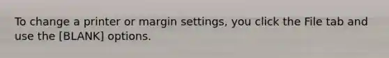 To change a printer or margin settings, you click the File tab and use the [BLANK] options.