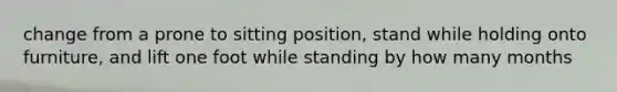 change from a prone to sitting position, stand while holding onto furniture, and lift one foot while standing by how many months