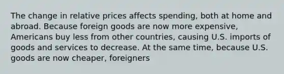 The change in relative prices affects spending, both at home and abroad. Because foreign goods are now more expensive, Americans buy less from other countries, causing U.S. imports of goods and services to decrease. At the same time, because U.S. goods are now cheaper, foreigners