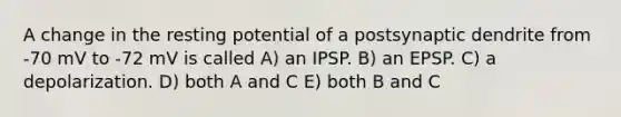 A change in the resting potential of a postsynaptic dendrite from -70 mV to -72 mV is called A) an IPSP. B) an EPSP. C) a depolarization. D) both A and C E) both B and C