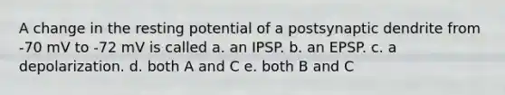 A change in the resting potential of a postsynaptic dendrite from -70 mV to -72 mV is called a. an IPSP. b. an EPSP. c. a depolarization. d. both A and C e. both B and C