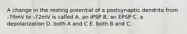 A change in the resting potential of a postsynaptic dendrite from -70mV to -72mV is called A. an IPSP B. an EPSP C. a depolarization D. both A and C E. both B and C