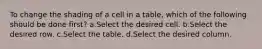 To change the shading of a cell in a table, which of the following should be done first? a.Select the desired cell. b.Select the desired row. c.Select the table. d.Select the desired column.