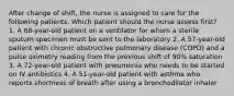 After change of shift, the nurse is assigned to care for the following patients. Which patient should the nurse assess first? 1. A 68-year-old patient on a ventilator for whom a sterile sputum specimen must be sent to the laboratory 2. A 57-year-old patient with chronic obstructive pulmonary disease (COPD) and a pulse oximetry reading from the previous shift of 90% saturation 3. A 72-year-old patient with pneumonia who needs to be started on IV antibiotics 4. A 51-year-old patient with asthma who reports shortness of breath after using a bronchodilator inhaler