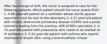 After the change of shift, the nurse is assigned to care for the following patients. Which patient should the nurse assess first? 1. A 68-year-old patient on a ventilator whose sterile sputum specimen must be sent to the laboratory 2. A 57-year-old patient with chronic obstructive pulmonary disease (COPD) and a pulse oximetry reading from the previous shift of 90% saturation 3. A 72-year-old patient with pneumonia who needs to be started on IV antibiotics 4. A 51-year-old patient with asthma who reports shortness of breath after using a bronchodilator inhaler