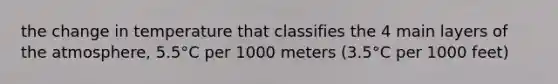 the change in temperature that classifies the 4 main layers of the atmosphere, 5.5°C per 1000 meters (3.5°C per 1000 feet)