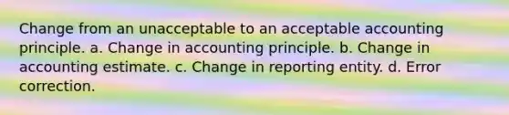 Change from an unacceptable to an acceptable accounting principle. a. Change in accounting principle. b. Change in accounting estimate. c. Change in reporting entity. d. Error correction.