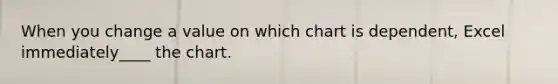 When you change a value on which chart is dependent, Excel immediately____ the chart.