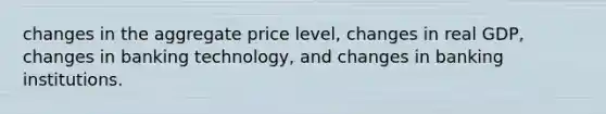 changes in the aggregate price level, changes in real GDP, changes in banking technology, and changes in banking institutions.