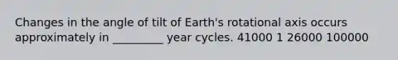 Changes in the angle of tilt of Earth's rotational axis occurs approximately in _________ year cycles. 41000 1 26000 100000