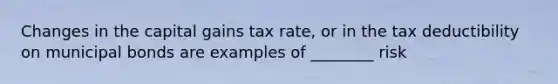 Changes in the capital gains tax rate, or in the tax deductibility on municipal bonds are examples of ________ risk