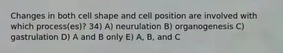 Changes in both cell shape and cell position are involved with which process(es)? 34) A) neurulation B) organogenesis C) gastrulation D) A and B only E) A, B, and C