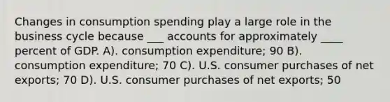 Changes in consumption spending play a large role in the business cycle because ___ accounts for approximately ____ percent of GDP. A). consumption expenditure; 90 B). consumption expenditure; 70 C). U.S. consumer purchases of net exports; 70 D). U.S. consumer purchases of net exports; 50