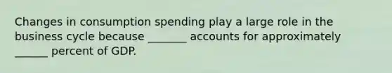 Changes in consumption spending play a large role in the business cycle because​ _______ accounts for approximately​ ______ percent of GDP.