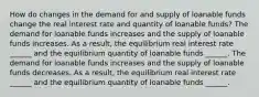 How do changes in the demand for and supply of loanable funds change the real interest rate and quantity of loanable​ funds? The demand for loanable funds increases and the supply of loanable funds increases. As a​ result, the equilibrium real interest rate​ ______ and the equilibrium quantity of loanable funds​ ______. The demand for loanable funds increases and the supply of loanable funds decreases. As a​ result, the equilibrium real interest rate​ ______ and the equilibrium quantity of loanable funds​ ______.