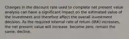 Changes in the discount rate used to complete net present value analysis can have a significant impact on the estimated value of the investment and therefore affect the overall investment decision. As the required internal rate of return (IRR) increases, the net present value will increase. become zero. remain the same. decline.