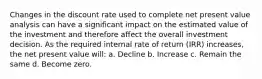 Changes in the discount rate used to complete net present value analysis can have a significant impact on the estimated value of the investment and therefore affect the overall investment decision. As the required internal rate of return (IRR) increases, the net present value will: a. Decline b. Increase c. Remain the same d. Become zero.