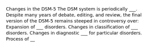 Changes in the DSM-5 The DSM system is periodically ___. Despite many years of debate, editing, and review, the final version of the DSM-5 remains steeped in controversy over: Expansion of ___ disorders. Changes in classification of ___ disorders. Changes in diagnostic ___ for particular disorders. Process of __