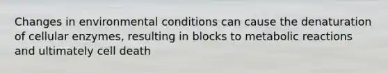 Changes in environmental conditions can cause the denaturation of cellular enzymes, resulting in blocks to metabolic reactions and ultimately cell death