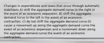 Changes in expenditures and taxes that occur through automatic stabilizers A) shift the aggregate demand curve to the right in the event of an economic expansion. B) shift the aggregate demand curve to the left in the event of an economic contraction. C) do not shift the aggregate demand curve D) cause a movement up along the aggregate demand curve the event of an economic expansion and a movement down along the aggregate demand curve the event of an economic contraction.