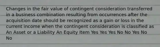 Changes in the fair value of contingent consideration transferred in a business combination resulting from occurrences after the acquisition date should be recognized as a gain or loss in the current income when the contingent consideration is classified as An Asset or a Liability An Equity Item Yes Yes Yes No No Yes No No