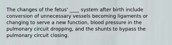 The changes of the fetus' ____ system after birth include conversion of unnecessary vessels becoming ligaments or changing to serve a new function, blood pressure in the pulmonary circuit dropping, and the shunts to bypass the pulmonary circuit closing.