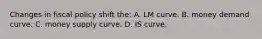 Changes in fiscal policy shift the: A. LM curve. B. money demand curve. C. money supply curve. D. IS curve.