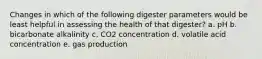 Changes in which of the following digester parameters would be least helpful in assessing the health of that digester? a. pH b. bicarbonate alkalinity c. CO2 concentration d. volatile acid concentration e. gas production