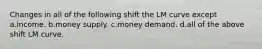 Changes in all of the following shift the LM curve except a.income. b.money supply. c.money demand. d.all of the above shift LM curve.