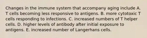 Changes in the immune system that accompany aging include A. T cells becoming less responsive to antigens. B. more cytotoxic T cells responding to infections. C. increased numbers of T helper cells. D. higher levels of antibody after initial exposure to antigens. E. increased number of Langerhans cells.