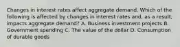 Changes in interest rates affect aggregate demand. Which of the following is affected by changes in interest rates and, as a result, impacts aggregate demand? A. Business investment projects B. Government spending C. The value of the dollar D. Consumption of durable goods