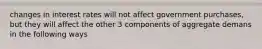 changes in interest rates will not affect government purchases, but they will affect the other 3 components of aggregate demans in the following ways