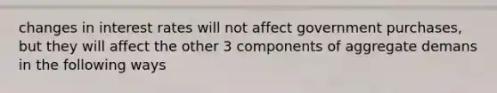 changes in interest rates will not affect government purchases, but they will affect the other 3 components of aggregate demans in the following ways