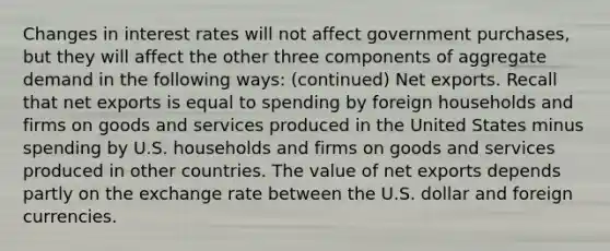 Changes in interest rates will not affect government purchases, but they will affect the other three components of aggregate demand in the following ways: (continued) Net exports. Recall that net exports is equal to spending by foreign households and firms on goods and services produced in the United States minus spending by U.S. households and firms on goods and services produced in other countries. The value of net exports depends partly on the exchange rate between the U.S. dollar and foreign currencies.