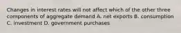 Changes in interest rates will not affect which of the other three components of aggregate demand A. net exports B. consumption C. investment D. government purchases