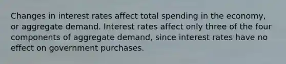 Changes in interest rates affect total spending in the​ economy, or aggregate demand. Interest rates affect only three of the four components of aggregate​ demand, since interest rates have no effect on government purchases.