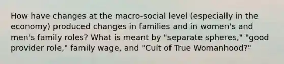 How have changes at the macro-social level (especially in the economy) produced changes in families and in women's and men's family roles? What is meant by "separate spheres," "good provider role," family wage, and "Cult of True Womanhood?"