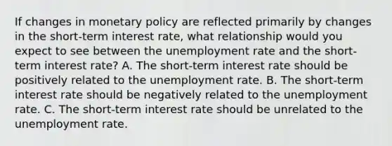 If changes in monetary policy are reflected primarily by changes in the​ short-term interest​ rate, what relationship would you expect to see between the unemployment rate and the​ short-term interest​ rate? A. The​ short-term interest rate should be positively related to the unemployment rate. B. The​ short-term interest rate should be negatively related to the unemployment rate. C. The​ short-term interest rate should be unrelated to the unemployment rate.