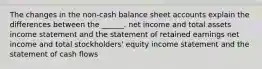 The changes in the non-cash balance sheet accounts explain the differences between the ______. net income and total assets income statement and the statement of retained earnings net income and total stockholders' equity income statement and the statement of cash flows